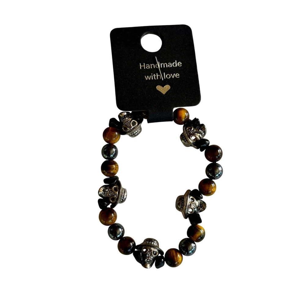 Skull Beaded Bracelet Tiger Eye and Hematite Handmade with Love
